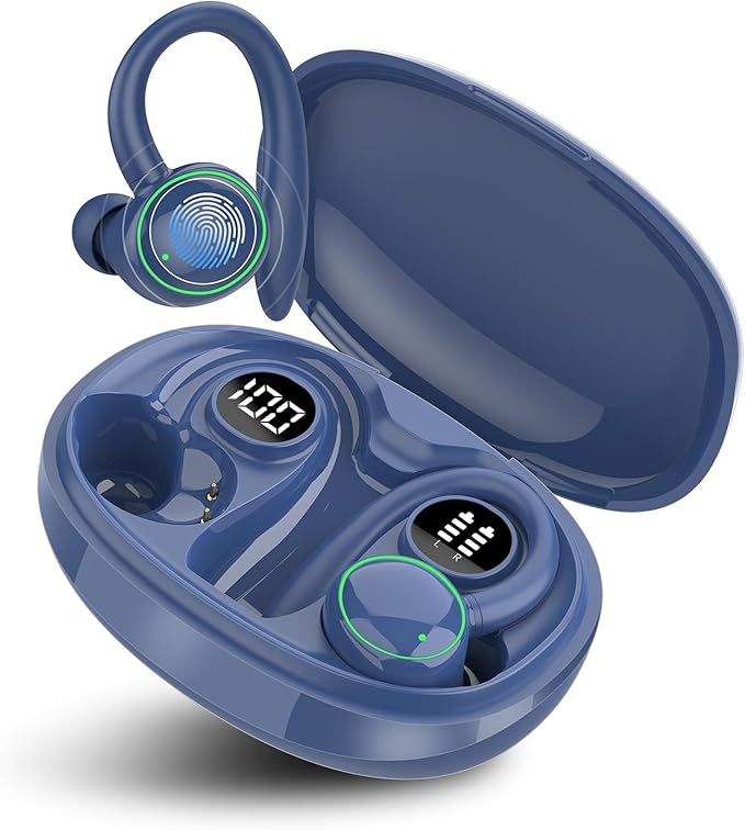 Wireless Earbuds, Bluetooth 5.3 Headphones Sport, Over Ear Buds With ENC Noise Cancelling Mic, 48H, Wireless Earphone With Earhooks, Stereo Deep Bass, IP7 Waterproof Headset for Workout, Deep Blue
