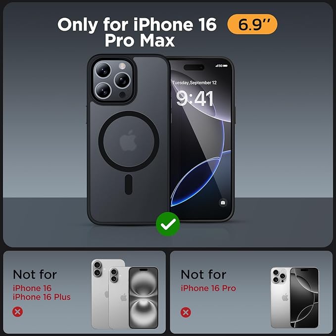 Miracase 2025 Upgraded Magnetic for iPhone 16 Pro Max Case, [Compatible with MagSafe] [Military-Grade Protection], Anti-Fingerprint, Slim Case for 16 Pro Max 6.9 inch with Screen Protector- Black