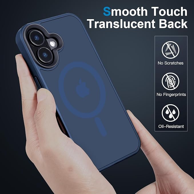 Magnetic Case for iPhone 16 Case [10FT-Grade Drop Tested & Compatible with MagSafe] Translucent Anti-Fingerprint Shockproof Protective Cover 6.1 Inch, Deep Blue