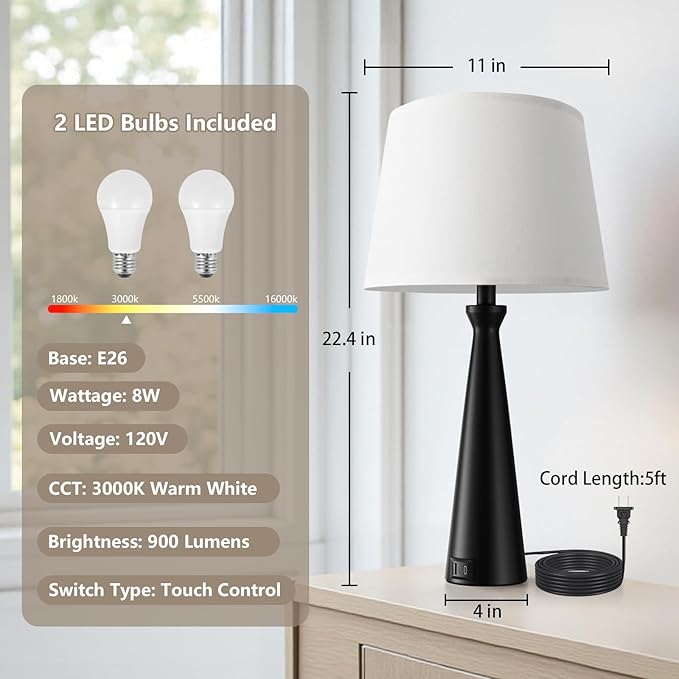 Seealle Modern Table Lamps Set of 2 - Touch Bedside Lamp for Nightstand with Dual USB C+A,3-Way Dimmable Black Nightstand Lamps for Living Room Bedroom End Table(Bulb Included)