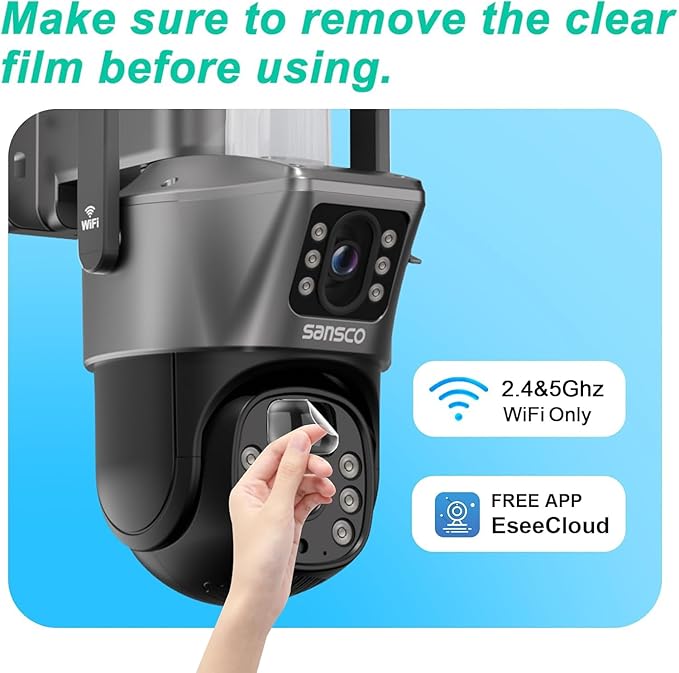 SANSCO 2K Dual Lens Solar Security Camera Wireless Outdoor, No Wires Needed, 2.4G & 5G WiFi, 360° PTZ Home Security Camera, Spotlight Color Night Vision, 2-Way Audio, PIR Motion Detection, APP Alerts