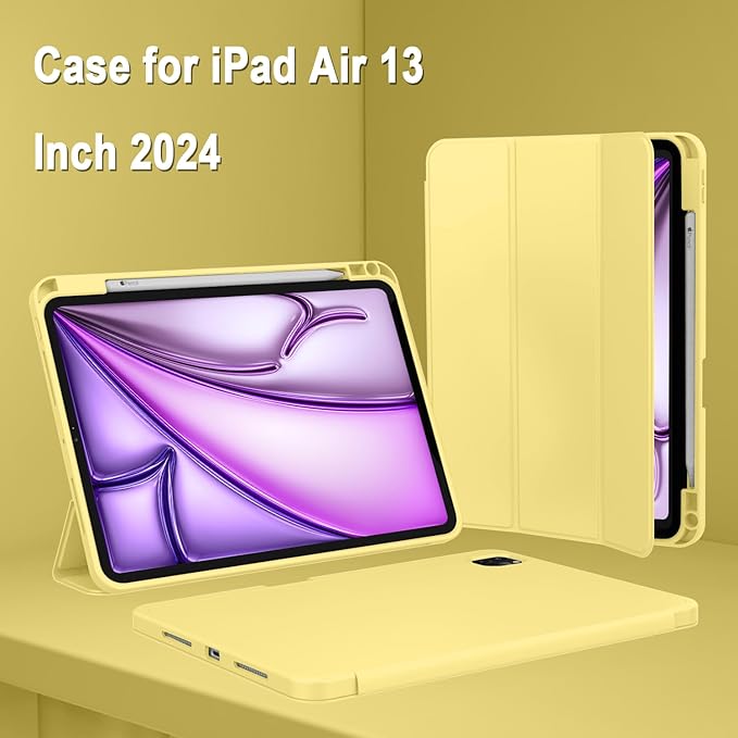 ZryXal New iPad Air 13 Inch Case M3 2025/M2 2024 with Pencil Holder, Trifold Stand Smart Case with Soft TPU Back,Auto Wake/Sleep(Yelow)
