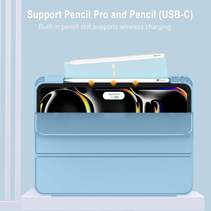 ZryXal iPad Pro 11 Inch Case (M5) 2025/ (M4) 2024 (Model: A2836/A2837/A3006), Trifold Stand Smart Cover with Pencil Holder and Soft TPU Back, Auto Wake/Sleep (New Azure Blue)