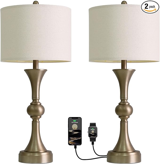 Oneach 28" Modern Table Lamps Set of 2 for Living Room, Warm Gold Bedside Lamps with USB Ports, Nightstand Lamps Set for Bedroom Farmhouse Lamp End Table Lamps (Bulbs not Included)