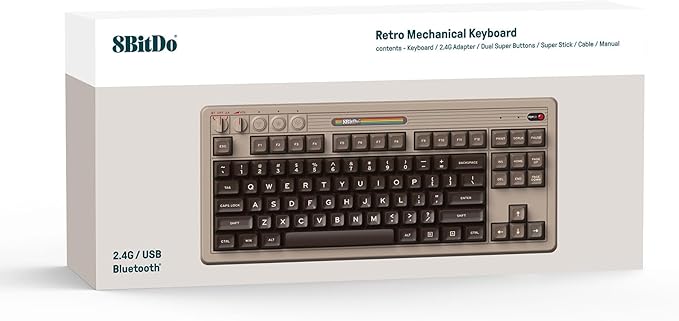 8BitDo Retro Mechanical Keyboard, Bluetooth/2.4G/USB-C Hot Swappable Gaming Keyboard with 87 Keys, Dual Super Buttons and Super Stick for Windows and Android - C64 Edition