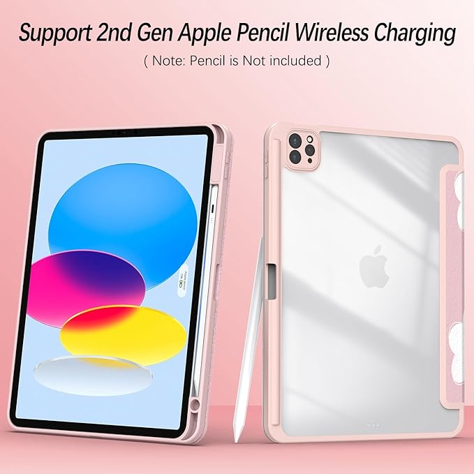 Case for iPad Pro 11 inch 4th/ 3rd/ 2nd / 1st Generation (2022/2021/2020/2018), Case with Pencil Holder, Clear Back Cover Cute Cool Design for Women Girls, Auto Sleep/Wake, Pink White Flower