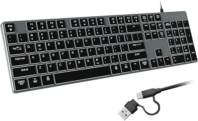 POWZAN Wired Backlit Keyboard for Windows/Mac,Aluminum Slim & Quiet Full Size Keyboards Light Up with USB A/USB C Dual Interface,Compatible with iMac,MacBook,iPad,Laptop,PC-Gray Black (Gray Black)