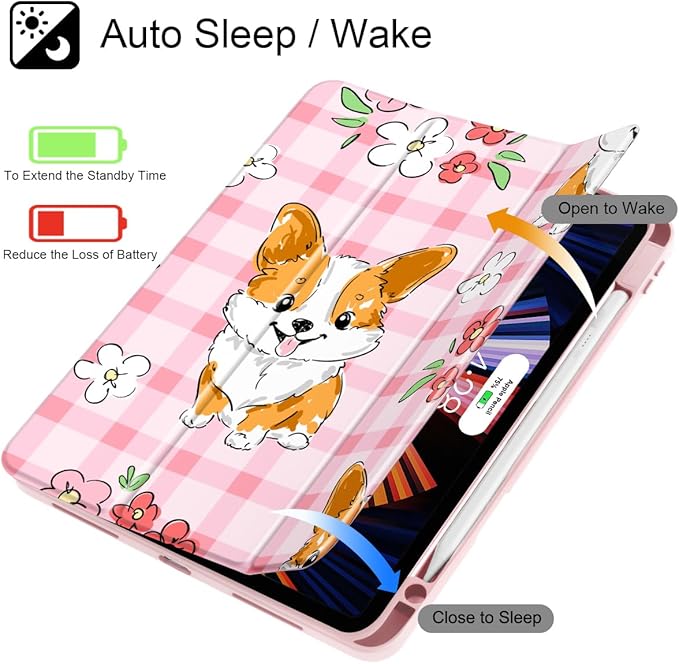 May Chen for iPad Pro 13 Inch Case M5 2025 / M4 2024, Built Pencil Holder & Clear Transparent Print Back Shell Slim Stand Shockproof Tablet Cover, Auto Wake/Sleep, Corgi Dog Stripes