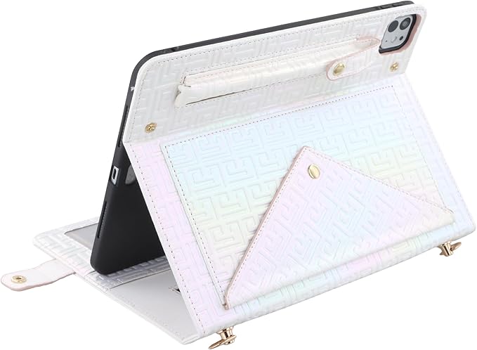 Shiny Case for iPad Pro 12.9" 6th/5th/4th Gen & iPad Air 13-inch Handbag w/Hand Strap, Techcircle Crossbody Iridescent Folio Stand Wallet Case w/Pencil Holder+Shoulder Strap, Shiny White