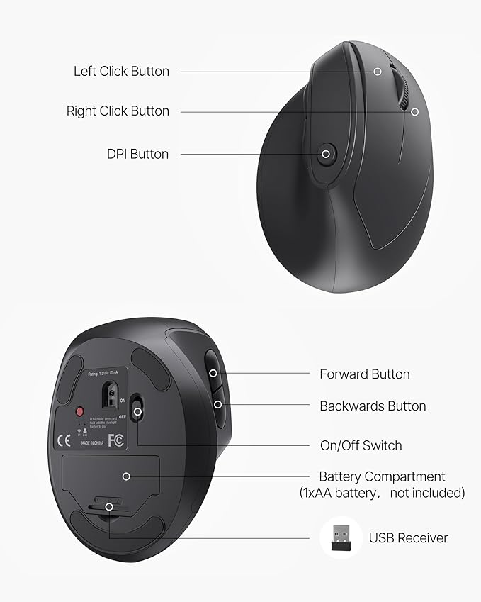 Ergonomic Mouse, USB+Bluetooth Dual Connection, Wireless Vertical Mouse for Reducing Wrist Pain, 1000/1600/2400 DPI, Ergo Mouse with Quiet Click for Windows Mac OS PC Computer Laptop, Black