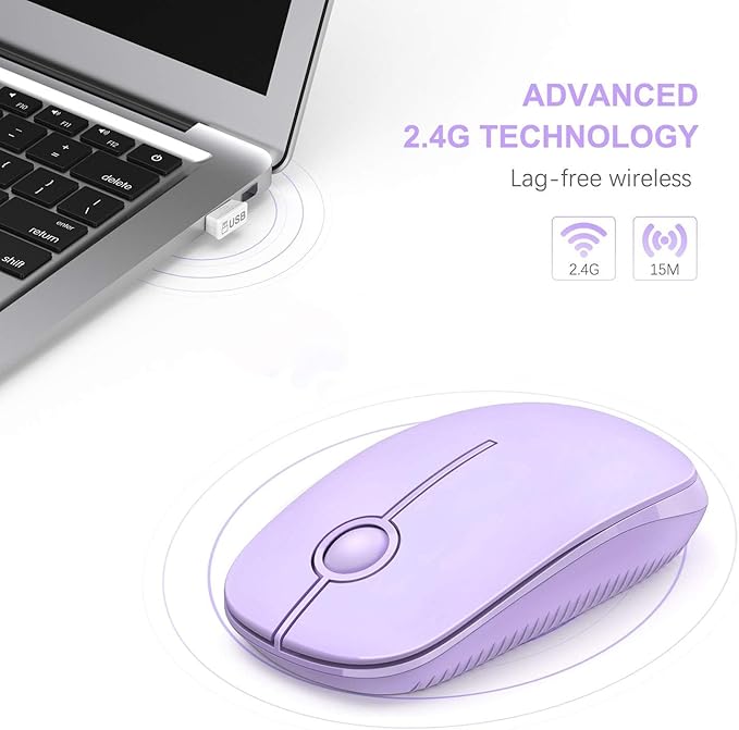 Unipows Wireless Mouse - 2.4G Slim Portable Computer Mouse with Nano Receiver, Less Noise Mobile Optical Mice for Notebook, PC, Laptop, Desktop-Purple