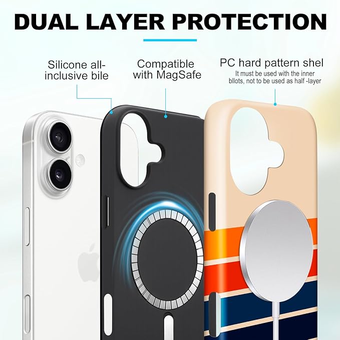 Magnetic for iPhone 16 Case Cute Stripes Phone Case, Shockproof Slim TPU and Hard PC Protective Phone Cover Compatible with MagSafe Designed for Women Girls,Retro
