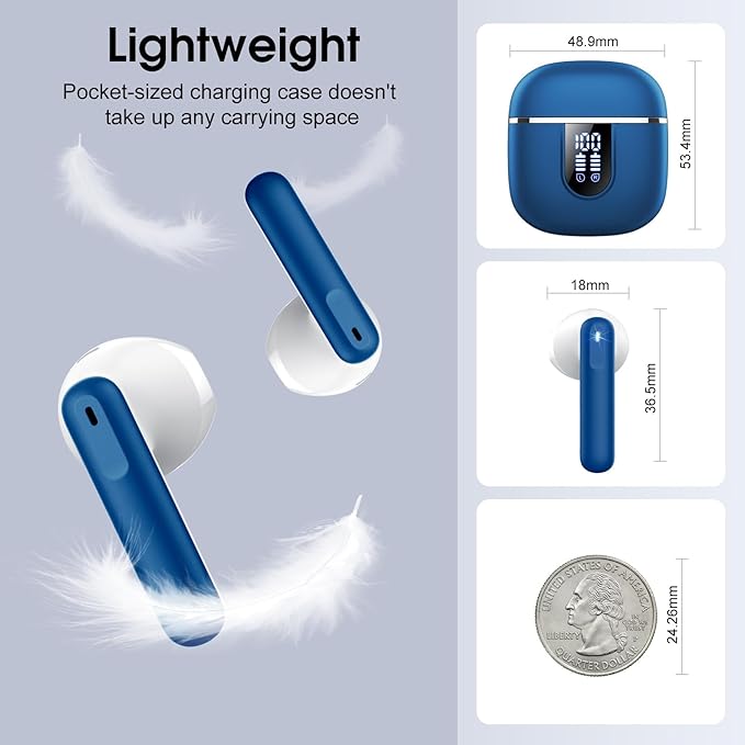 Wireless Earbuds, Bluetooth 5.4 Headphones with 3D Bass Stereo, Bluetooth Earbuds with 4 ENC Noise Cancelling Mic, 40H Ultralight In-Ear Buds USB-C LED, IP7 Waterproof Earphones for Android iOS, Blue