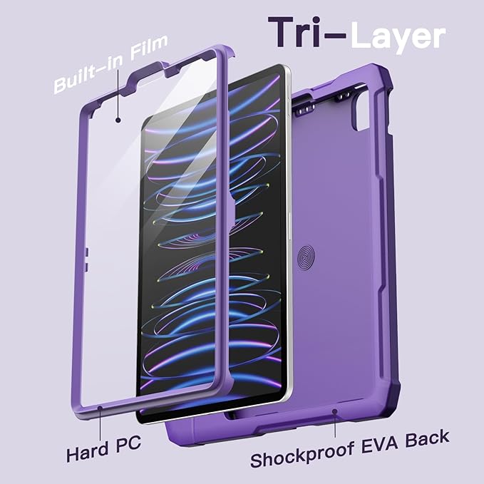 JETech Kids Case for iPad Pro 11 Inch (2022/2021/2020/2018 Model), iPad Air 5/4 (10.9-Inch) with Built-in Screen Protector, Shockproof Full-Body Handle Stand Tablet Protective Cover (Deep Purple)