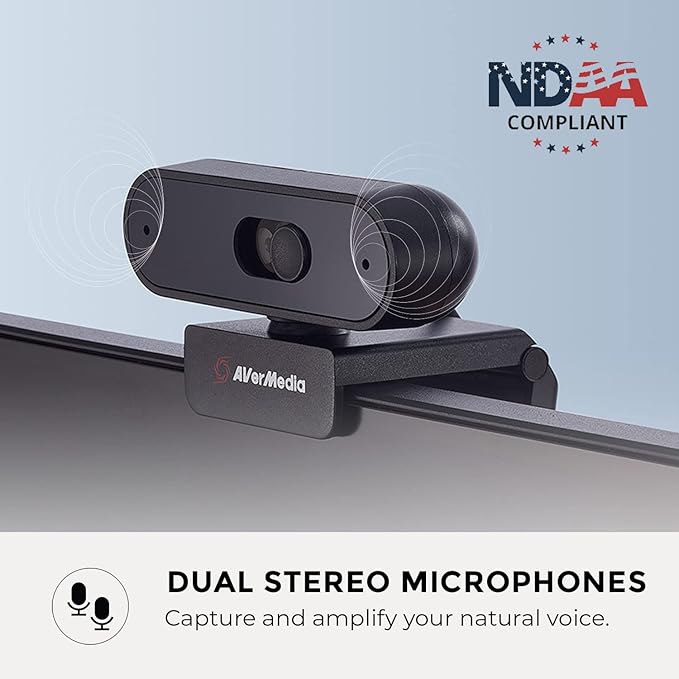 AVerMedia PW310P Webcam - Full 1080p 30fps HD Camera with Autofocus and Dual Stereo Microphones, Work from Home, Remote Learning - NDAA Compliant