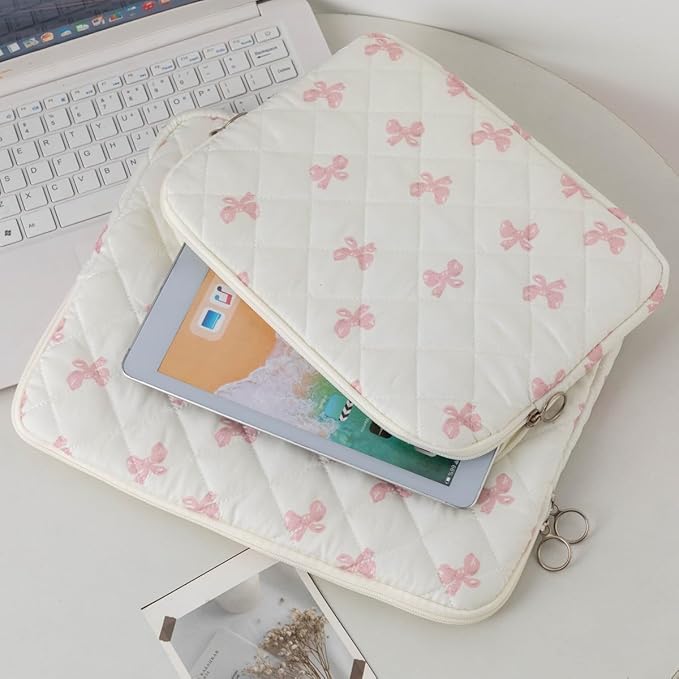 Cutecore Bow Puffy Quilted Laptop Sleeve Y2K Preppy Tablet Protective Case Girly Coquette Aesthetic Notebook Pouch (Pink,15 inch)