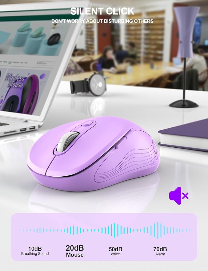 Trueque Wireless Mouse for Laptop, 2.4GHz Ergonomic Computer Mouse with Back & Forward Buttons, 3 Adjustable DPI Levels, 6 Buttons, Optical USB Cordless Mice for Windows PC, M01 (Lavender)