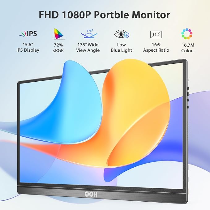 QQH Portable Monitor, 15.6 Inch FHD 1080P USB C HDMI Alloy Travel Monitor for Laptop with Smart Cover & Built-in Speaker, Plug & Play Ultra Slim Second Monitor for Laptop PC Phone Mac