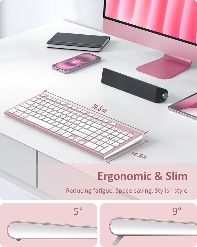 FENIFOX Wireless Keyboard, Bluetooth & 2.4G USB & USB-C Rechargeable Silent Ultra Quiet Low Profile Compact Full Size with Number Pad Soft Multi Device for Mac MacBook Windows PC - Pink & Rose Gold