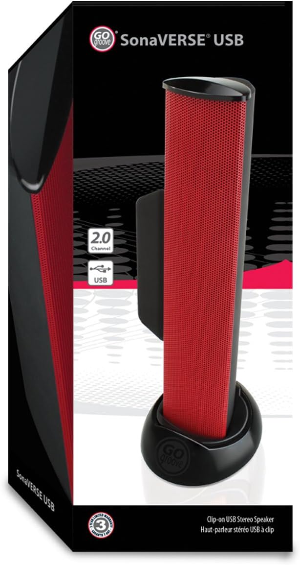 GOgroove SonaVERSE USB Speakers for Laptop Computer - USB Powered Mini Sound Bar with Clip-On Portable External Speaker Design for Monitor, One Cable for Digital Audio Input and Power (Red)