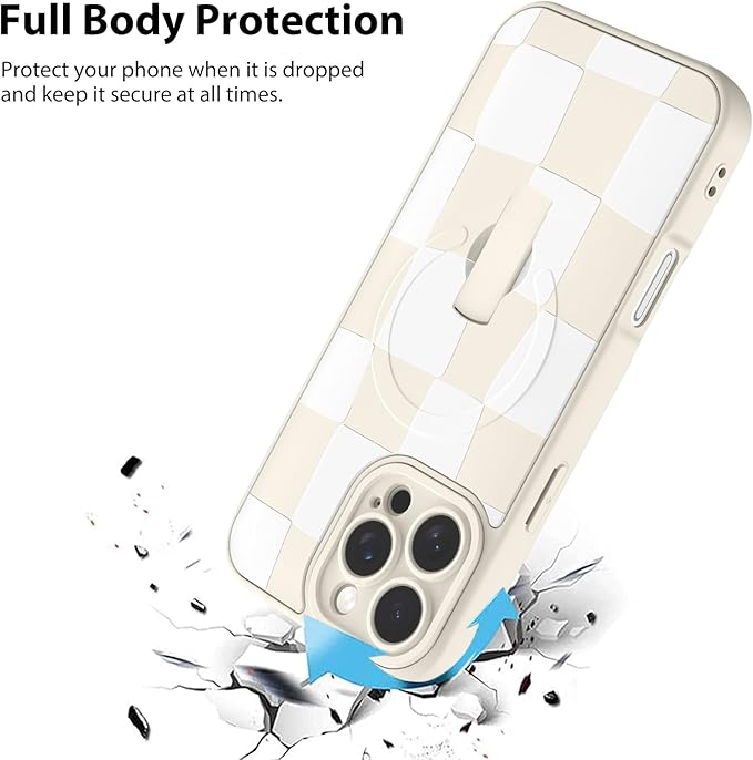 KANGHAR Compatible with iPhone 16 Pro Case, Support for MagSafe, Silicone Checkered Cute Pattern, Wristband Kickstand Camera Protection Soft Slim Cover for Girls Women -White