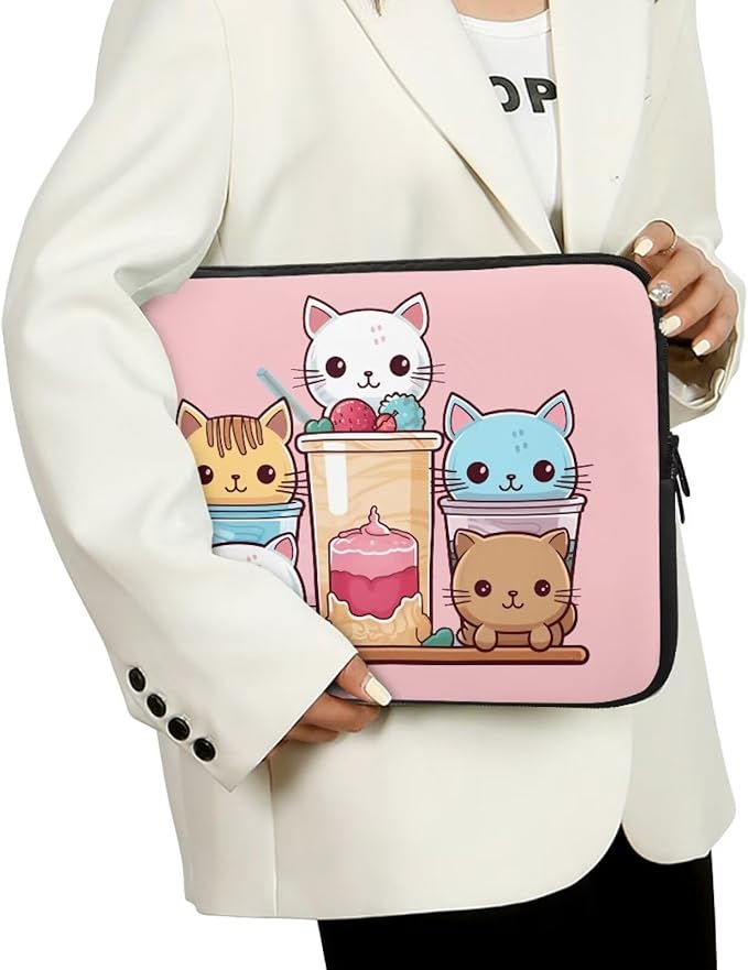 Cute Cat Laptop Sleeve for Women Girls 10 inch Laptop Protector with Multiple Uses Lap Top Case Lightweight Computer Carrying Case Kawaii Tablet Bag for Daughters Pink