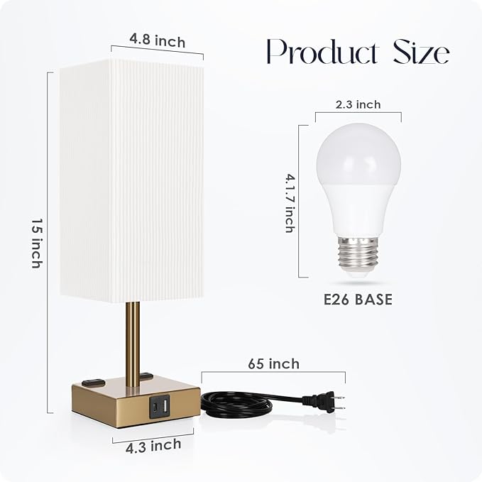 Set of 2 Bedside Table Lamp 3 Way Dimmable Nightstand Lamp with USB C & USB A Charging Port, 2 AC Outlets, 3000K LED Bulbs (Pleate)