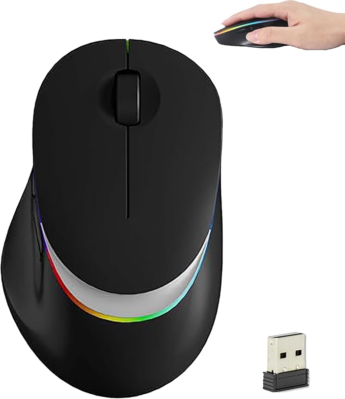 Ergonomic Vertical Mouse Wireless Bluetooth Rechargeable Silent Portable Ergo Mice with RGB LED Light & 2.4G USB Receiver, for PC Laptop Tablet Computer, Office Home, Adult Student Kids Gift-Black