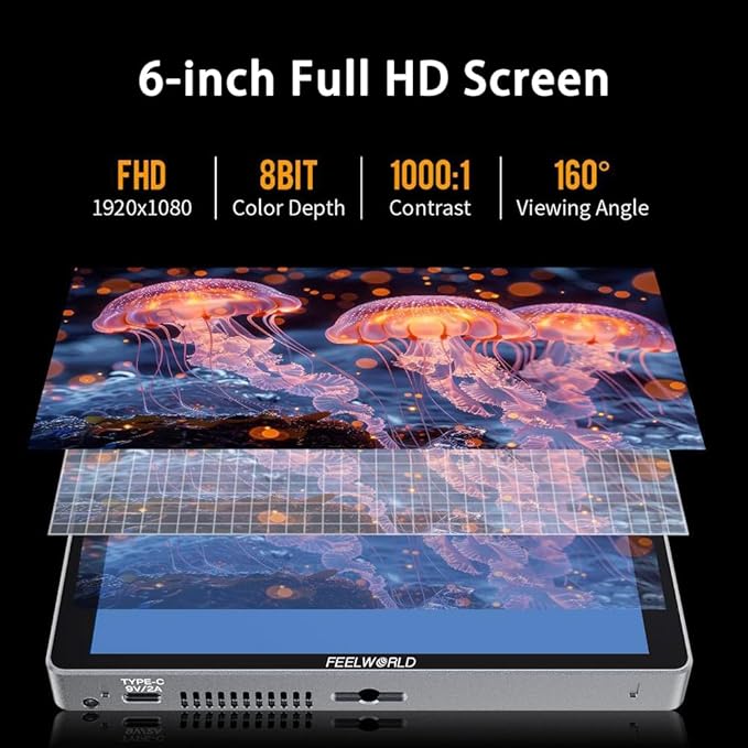 FEELWORLD P6XL 6 Inch Camera Monitor, 1200nit IPS Touch Screen 1920x1080 Built-in 3000mAh Battery Camera Field Monitor with Sunshade, Video Assist HDR Waveform Focus Peaking 3D LUT 4K HDMI