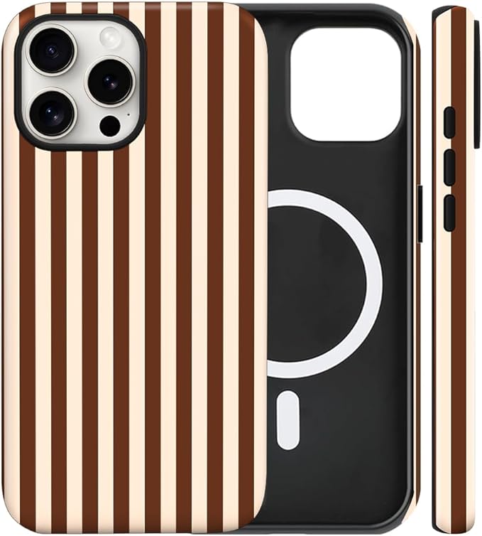 Magnetic for iPhone 12/12P Case Cute Stripes Phone Case, Shockproof Slim TPU and Hard PC Protective Phone Cover Compatible with MagSafe Designed for Women Girls, Lake BlueBrown