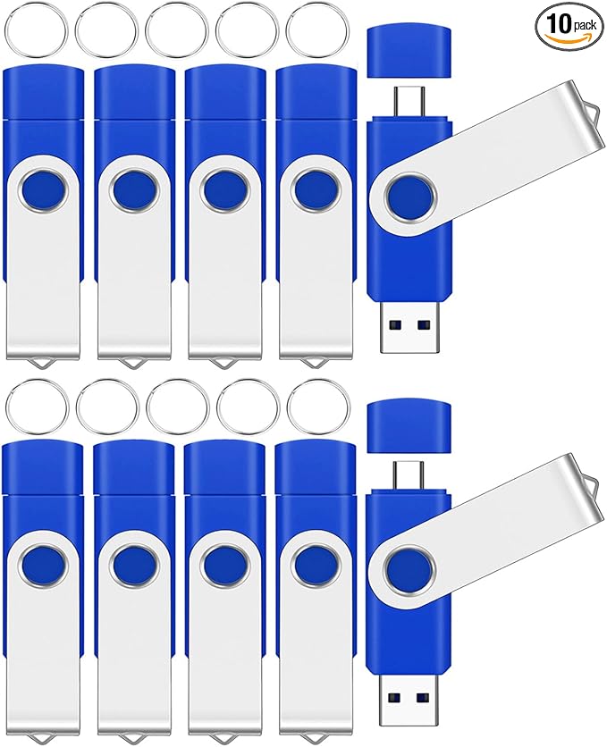 10 Packs of 8GB FAT32 USB2.0 & Type-C Flash Drives, EASTBULL 2-in-1 Dual Flash Drive Bulk USB-A + USB-C Thumb Drives Pack OTG Memory Sticks Compatible with Smartphones, Computers, Tablets, Mac (Blue)