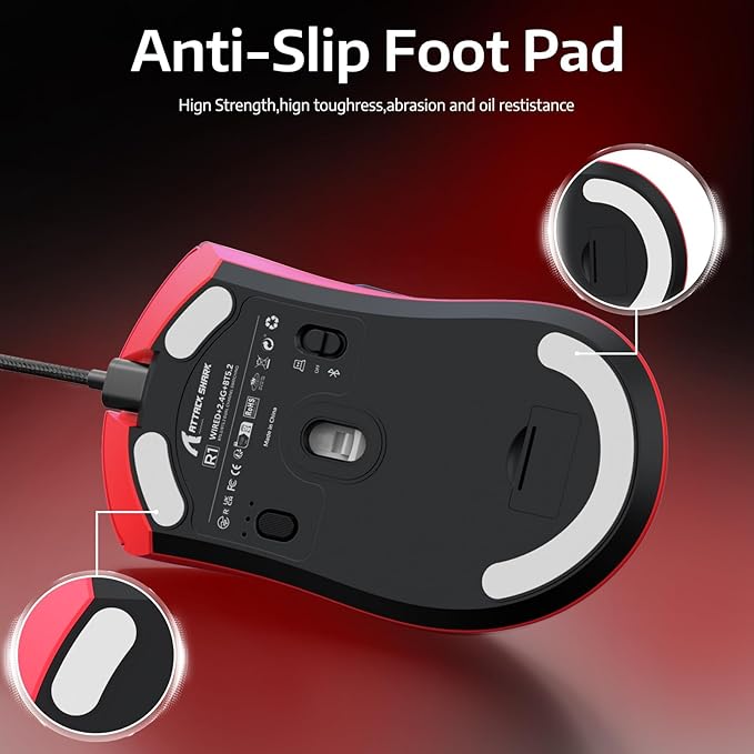 ATTACK SHARK R1 Wireless Gaming Mouse,Tri-Mode Connection (2.4G/Wired/BT5.2),55g Lightweight,18K DPI Optical Sensor,HUYU 20 Million Key Life,Ergonomic Design,for PC/Laptop/Win/Mac(Red)