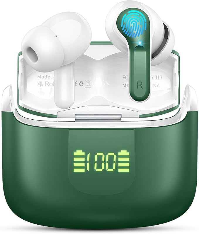 Wireless Earbuds, Bluetooth Headphones 2025 NEW Ear Buds 40H Bass Stereo in-Ear Earphones ENC Noise Cancelling 5.3 Earbuds with 4 HD Mic, USB-C LED Display IP7 Waterproof Sport Headset for Android iOS