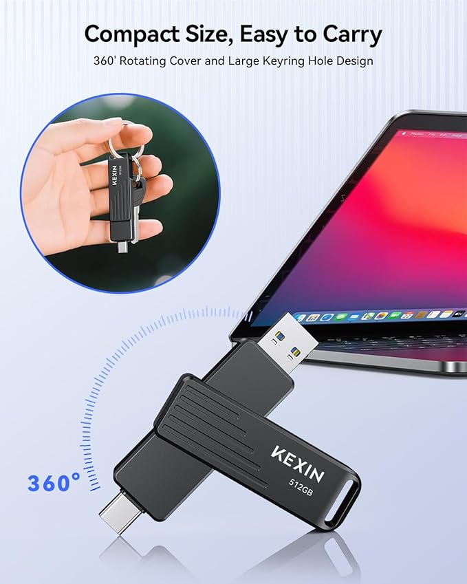 KEXIN 512GB USB C Flash Drive up to 1000MB/s Dual Thumb Drive 512G with Type-C and USB-A Connectors USB 3.2 Gen 2 USB Drive Swivel Memory Stick for iPhone 15/16/17, Smartphone, Tablet, Laptop