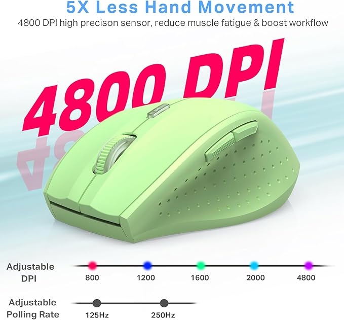 E-YOOSO Wireless Mouse for Laptop, Portable Optical Computer Mouse, 6 Buttons, Cordless 2.4GHz with USB Receiver, 5-Level 4800 DPI, 18 Months Battery Life, for PC Chromebook Windows Mac (Light Green)