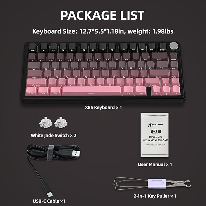 Yindiao X85 Wireless Mechanical Keyboard, TKL 82 Keys Bluetooth 5.0/2.4GHz/USB-C Hot Swappable Custom Keyboard, Knob, Gasket Structure, RGB Backlit Gaming Keyboard for PC/Mac/PS4/Xbox (Blackpink)