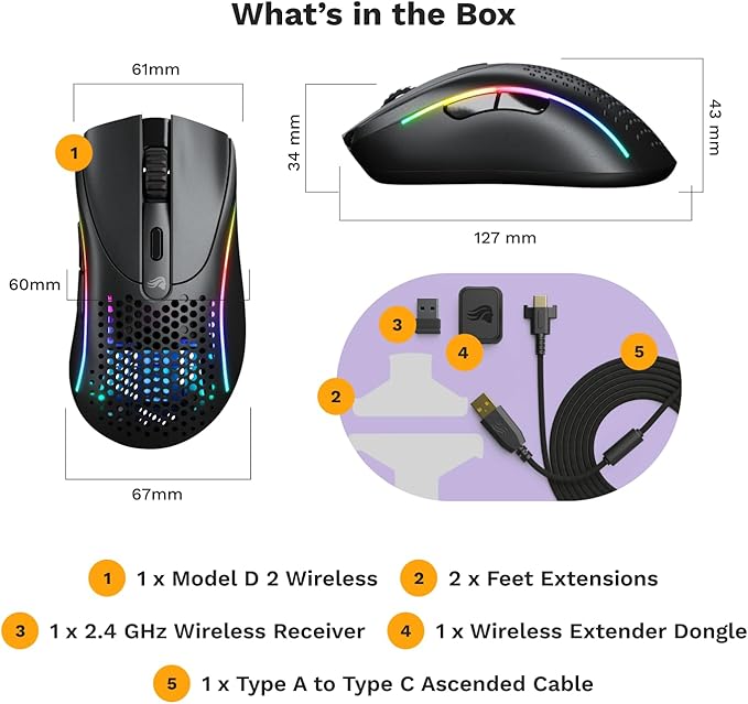 Glorious Gaming - Model D 2 Wireless Ergonomic Mouse, Superlight 66g, up to 210 hr Battery Life, 26K Optical Sensor, 6 Programmable Buttons, 80 Million Clicks, FPS, MMO, MOBA, Battle Royale (Black)
