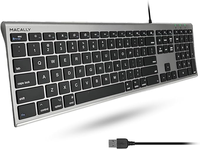Macally Ultra-Slim USB Wired Computer Keyboard - Works Great as Both a Windows or Wired Mac Keyboard - Compatible Full Size Apple Keyboard with Numeric Keypad for Mac mini, iMac, MacBook - Space Gray