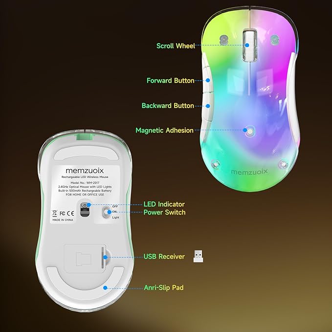 memzuoix 2.4G LED Wireless Mouse, Rechargeable Ergonomic Mouse with Detachable Cover, 1400 DPI Portable Optical Computer Mouse with USB Receiver for Laptop, PC, Desktop and MacBook, 5 Buttons