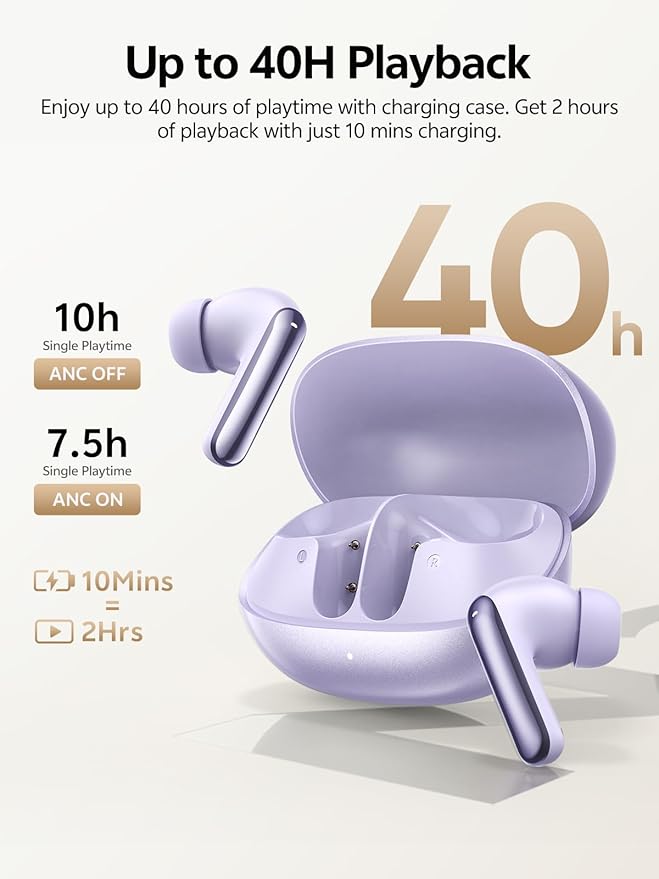 QCY MeloBuds N20 Active Noise Cancelling Wireless Earbuds, 50dB ANC Headphones with 6 Mics ENC Clear Call, 13mm Dynamic Driver, 40H Battery Life, Bluetooth 6.0 (Purple)
