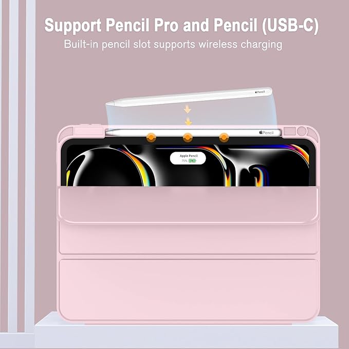 ZryXal iPad Pro 11 Inch Case (M5) 2025/ (M4) 2024 (Model: A2836/A2837/A3006), Trifold Stand Smart Cover with Pencil Holder and Soft TPU Back, Auto Wake/Sleep (Pink)