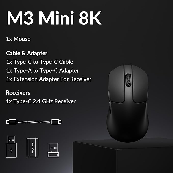 Keychron M3 Mini 8K Wireless Bluetooth 5.3/2.4 GHz/Wired Optical Mouse, Ultra-Lightweight 55g Programmable PixArt 3950 Sensor with up to 30,000 DPI/ 750 IPS for Windows Mac Linux - Black