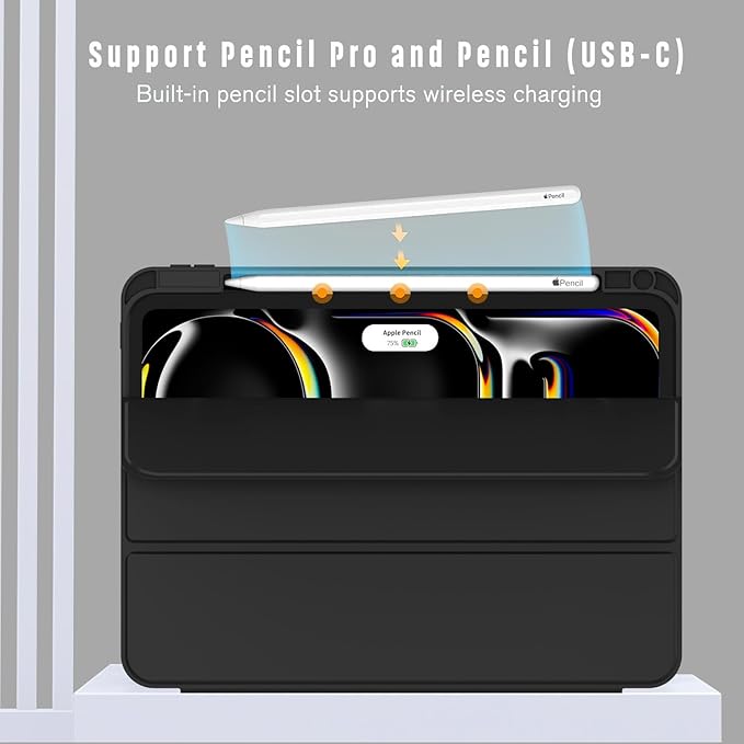 ZryXal iPad Pro 11 Inch Case (M5) 2025/ (M4) 2024 (Model: A3357,A3358,A3359,A2836/A2837/A3006), Trifold Stand Smart Cover with Pencil Holder and Soft TPU Back, Auto Wake/Sleep (Black)