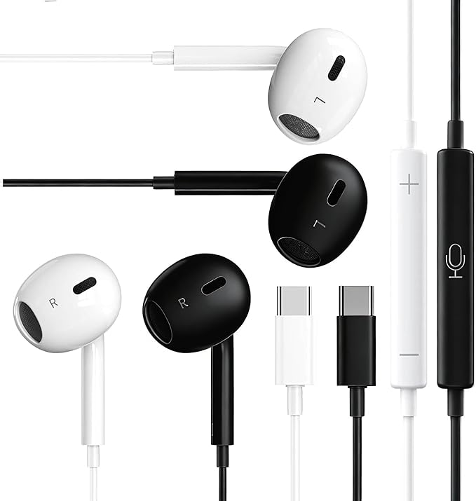 2 Packs USB C Headphones，Type C for iPhone Wired Headphones for iPhone 16/15/17 Earbuds with Mic and Volume Control，Hi-Fi Stereo In Ear Earphones for Galaxy S24/S23~S20/Ultra Note 10/20，Black+White