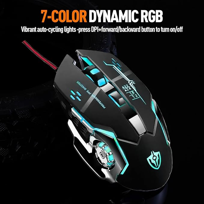 Guiheng Wired Gaming Mouse, Optical USB Mice for Laptop/Desktop, 1200 to 3600 and RGB Light, Ergonomic with 6 Programmable Buttons for Computer Windows 7/8/10/XP Vista Linux Chromebook PC (Black)