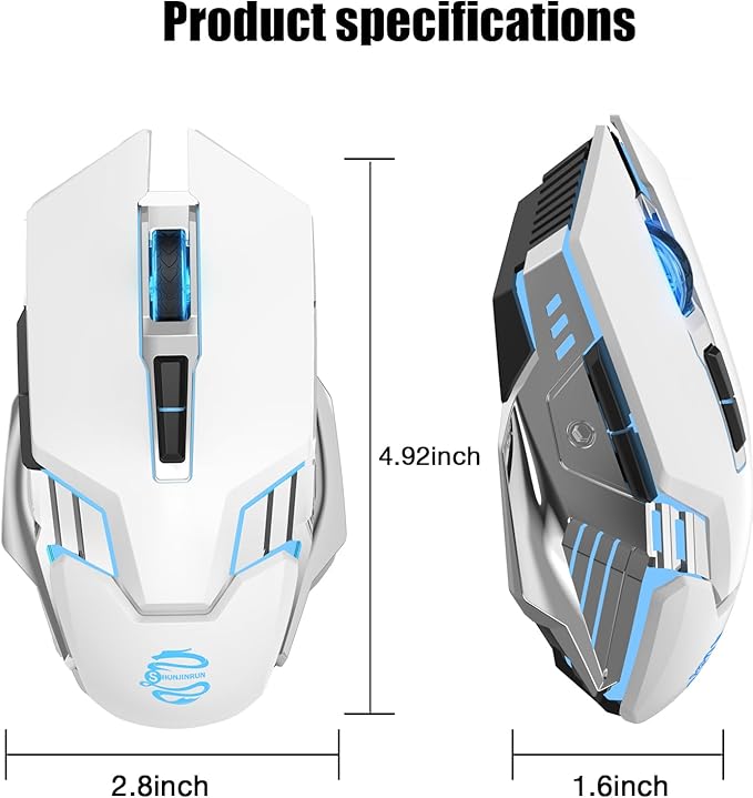 Bluetooth Wireless Gaming Mouse, RGB Rechargeable USB Wireless Mouse, Quiet Click, LED Backlit, Ergonomic, with Side Button, DPI Adjustable Computer Mice for Laptop PC MacBook Chromebook - White