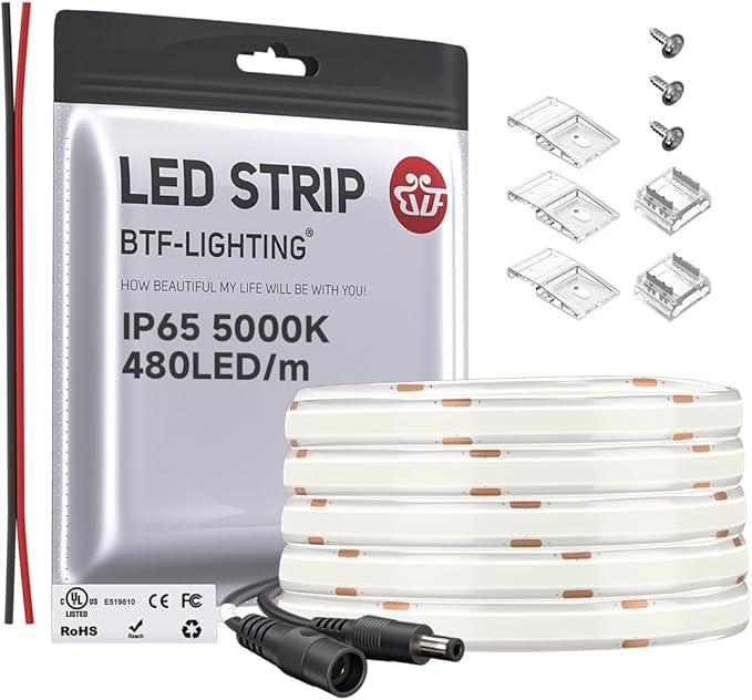 BTF-LIGHTING FCOB COB LED Strip Flexible High Density Uniform Light 9W/m 16.4FT DC24V Daylight White 5000K 480LEDs/m CRI 90+ 8mm IP65 Waterproof Width Dimmable LED Ribbon(No Adapter or Controller)