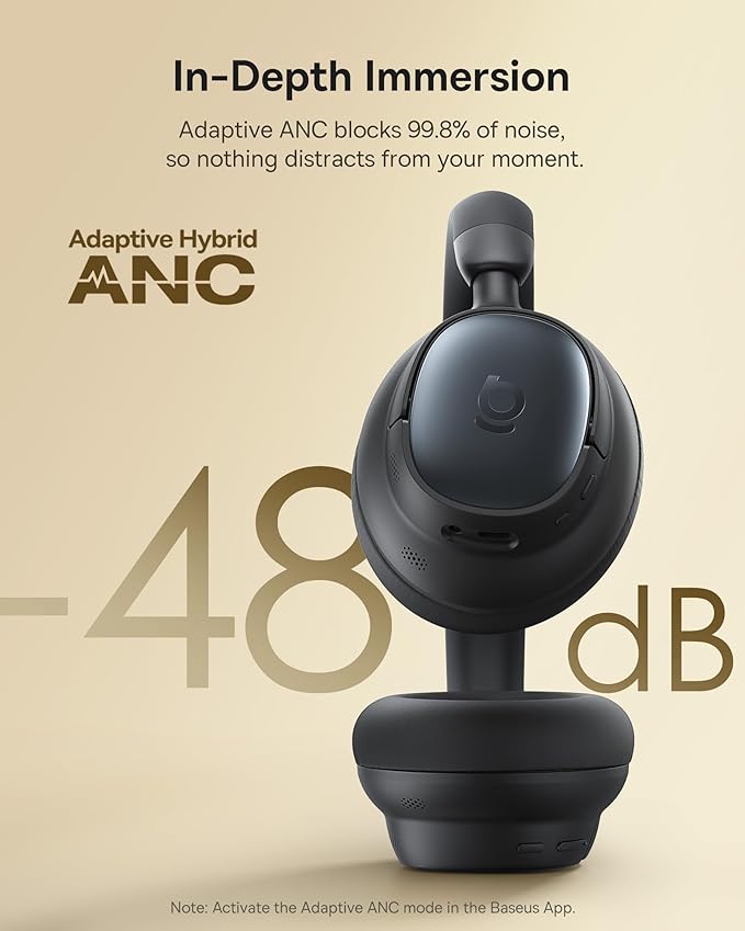 Baseus Bowie MH1 Adaptive Active Noise Cancelling Headphones, Real-Time Adaptive Hybrid ANC, SuperBass 2.0, LDAC Hi-Res Sound, 80H Playtime, Comfortable Fit, Clear Calls, Bluetooth 6.0 -Cosmic Black