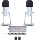 Movo USB Podcast Equipment Bundle for 2 – USB Interface with 2 UM700 Condenser Microphones – 4-Port Powered Hub for Streaming, Podcasting, Interviews (White)