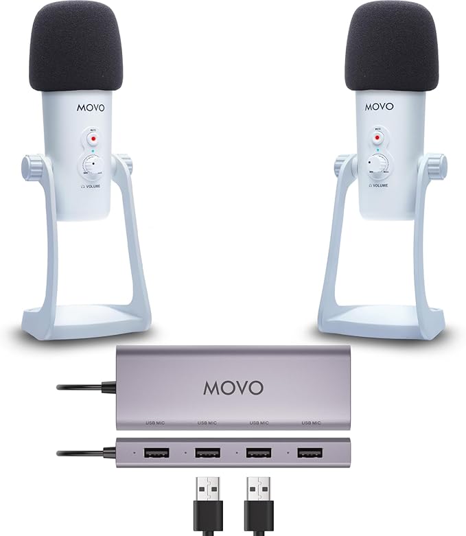 Movo USB Podcast Equipment Bundle for 2 – USB Interface with 2 UM700 Condenser Microphones – 4-Port Powered Hub for Streaming, Podcasting, Interviews (White)